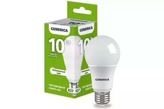 Лампа светодиодная GENERICA LL-A60-10-230-40-E27-G A60 10Вт грушевидная 4000К E27 230В