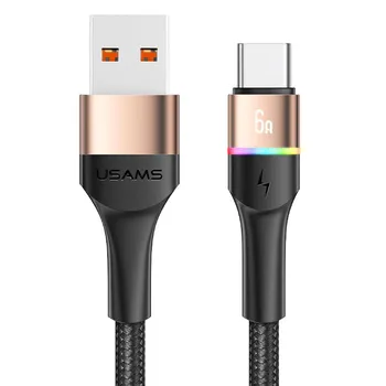 USAMS 6A USB Type C кабель со светодиодным индикатором кабель молнии для iPhone 13 12 Huawei Samsung Xiaomi мобильный телефон PD 100 Вт быстрое зарядное устройство A-L 2.4A золотой