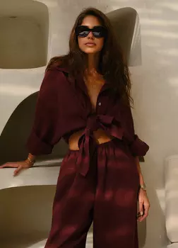 Желанная тройка изо льна: рубашка + брюки + шорты, wine - L-XL