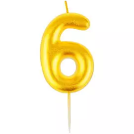 Свеча для торта с держателем MESHU "Цифра 6", 6 см, золотая, блистер