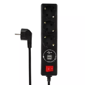 Удлинитель 3 гнезда FORZA 1,5 кв.мм 2м, USB 1000mA, с заземлением, евро, 16A, 3500Вт