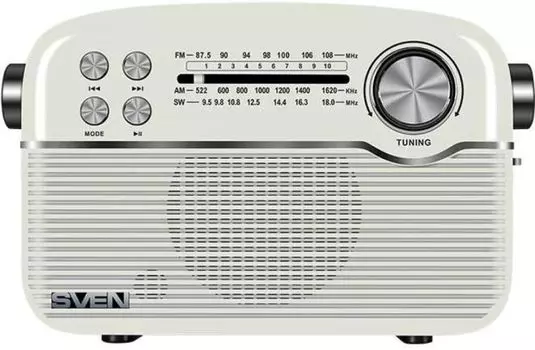 Радиоприемник Sven SRP-500 SV-020422 белая (3 Вт, BT, FM/AM/SW, USB, microSD, AUX, встроенный аккумулятор)