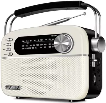 Радиоприемник Sven SRP-505 SV-020439 белая (3 Вт, BT, FM/AM/SW, USB, microSD, AUX, встроенный аккумулятор)