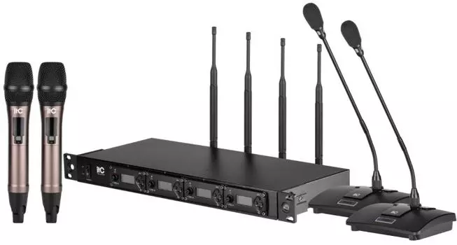 Радиосистема ITC TS-354H UHF четырёхканальная радиосистема с одним приёмником, двумя настольными микрофонами типа "гусиная шея" и двумя ручными микроф