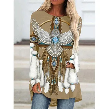 Футболки с длинным рукавом с принтом Western Aztec Ethnic 3D, богемные женские винтажные модные футболки, свободные уличные женские футболки, топы S