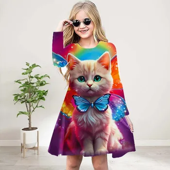 Повседневное платье для девочек с 3D-принтом и принтом «корона-кошка», с круглым вырезом и длинными рукавами, детское платье принцессы 80 фиолетовый