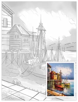 Холст на картоне с контуром Brauberg ART Classic "Причал", 30х40см, грунтованный, хлопок, 191544
