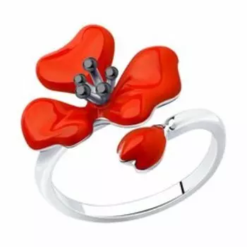 Серебряное незамкнутое кольцо с эмалью "Цветок"