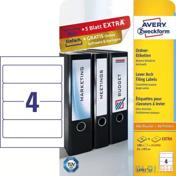 Этикетки Avery Zweckform L4761-25 A4 61x192мм 4шт на листе/80г/м2/25л./белый самоклей. универсальная