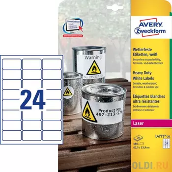Этикетки Avery Zweckform L4773-20 A4 33.9x63.5мм 24шт на листе/196г/м2/20л./белый самоклей. для лазерной печати