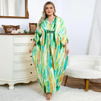 Women s Fashion Summer Spring Colour Block Print 3/4 Sleeves V-Neck Middle Waistline Casual Dresses Size: One Size