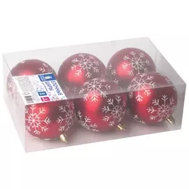 Шары елочные, набор 6 шт., пластик, 8 см, с белым рисунком, цвет красный