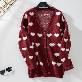 Женский осенне-зимний вязаный свитер с V-образным вырезом Love Jacquard Midi Cardigan Sweater S розовый