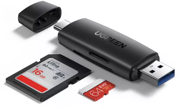 Картридер внешний UGREEN CM304, SD/TF, USB Type-C / USB 3.0, черный (80191)