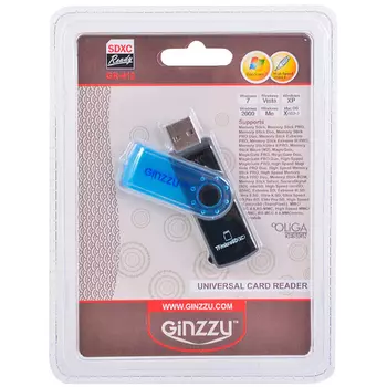 Картридер внешний Ginzzu GR-412B, мультиформатный, USB 2.0, черный/синий