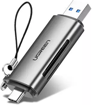 Картридер внешний UGREEN CM185, SD/microSD, USB 3.0/Type C OTG, серый (50706)
