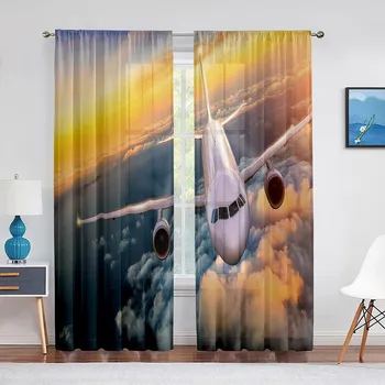 Airplane Flying Over The Sea Sunset Natural Sheer Curtains for Living Room Chiffon Voile WIndow Bedroom Tulle Curtains Drapes 1 PCS W100XH250cm&Rod Pocket