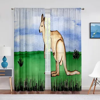 Cartoon Boxing Kangaroo Sheer Curtains for Living Room The Bedroom Cute Animal Voile Decorative Curtain Drapes Tulle Curtains 1 PCS W100XH250cm&Rod Pocket