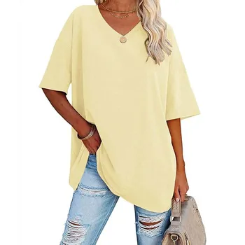 DX~~ весна и лето, новая цветная свободная хлопковая блузка-туника с V-образным вырезом и половиной рукавов S чёрный