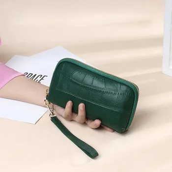 Женская сумка-клатч из натуральной кожи All-Match Stone Embossed Long Mobile Phone Bag на запястье с застежкой-молнией красный