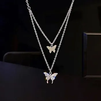 Серебряное золото блестящее ожерелье с бабочкой женское изысканное двухслойное ожерелье с подвеской на ключицу ювелирные изделия для свадебной вечеринки подарки золотой