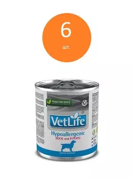 Vet Life Dog Hypoallergenic консервы для собак при пищевой аллергии и/или непереносимости (Утка и картофель, 300 г. упаковка 6 шт)