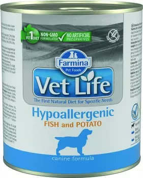 Vet Life Dog Hypoallergenic консервы для собак при пищевой аллергии и/или непереносимости (Рыба и картофель, 300 г.)