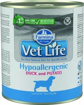 Vet Life Dog Hypoallergenic консервы для собак при пищевой аллергии и/или непереносимости (Утка и картофель, 300 г.)