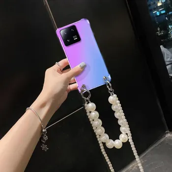 Чехол-цепочка с жемчужным браслетом для Xiaomi MI 13T, ожерелье через плечо, ремешки, чехлы для Xiaomi 13 Ultra Pro, прозрачная силиконовая задняя крышка с градиентом для телефона For xiaomi 13 Ultra