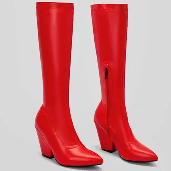 Elastic Thigh High Boots Women Shoes Autumn Winter Black Red White Wedge High Knee Boot Fetish Party Shoes Ladies Large Size 34 белый