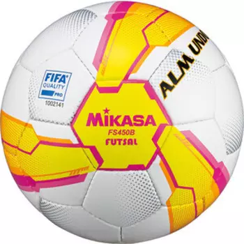 Мяч футзальный Mikasa FS450B-YP'', р.4, FIFA Quality Pro, 32 пан, гл.ПУ, руч.сш, бело-желто-розовый