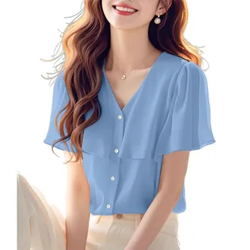 ZANZEA Women Casual V-Neck Loose Summer Short Sleeve Blouse S абрикосовый