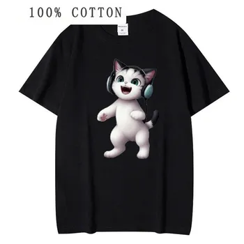Kawaii Котенок с наушниками Топы с принтом Женская хлопковая футболка с коротким рукавом Женская футболка Camisetas Mujer Одежда унисекс L