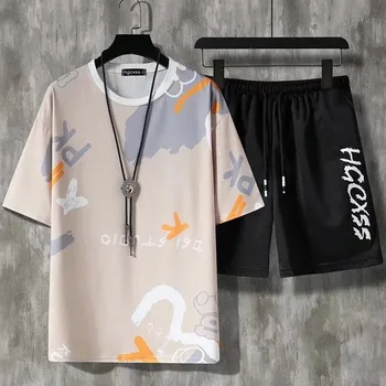 Летние мужские короткие комплекты Harajuku, футболка и шорты, модный комплект из 2 предметов, мужской повседневный комплект одежды, уличная одежда с короткими рукавами, спортивный костюм 5XL 5XL