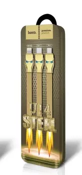 Кабель Lightning 8-pin(m)-Lightning 8-pin(m)+Micro USB 2.0(Am)+USB 2.0Type C(m), плоский, 2.4A, 1.3м, золотистый HOCO U14 (6957531057185 / УТ000031060)