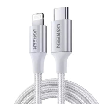 Кабель Lightning 8-pin-USB Type-C, экранированный, 3A быстрая зарядка, 1м, серебристый UGREEN US304 (70523)