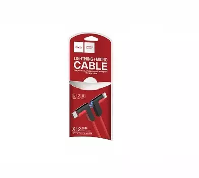 Кабель Lightning 8-pin(m)+Micro USB 2.0(Bm)-USB 2.0(Am), угловой, 2.4A, 1.2м, красный HOCO X12