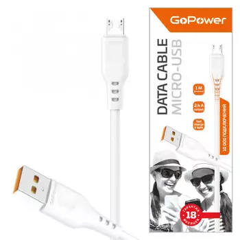 Кабель Micro USB-USB, 2.4A, 1м, белый GoPower GP01M (00-00018563)