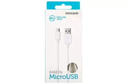 Кабель Micro USB-USB, плоский, 2A, 1м, белый Red Line (УТ000023594)