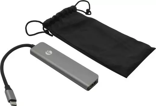 Кабель-переходник (адаптер) Type-C(M)-HDMI (19F)+2xUSB3.0 A(F)+USB Type-C(F)+SD / microSD Card Reader 4K, экранированный, черный/серебристый VCOM (CU4371)