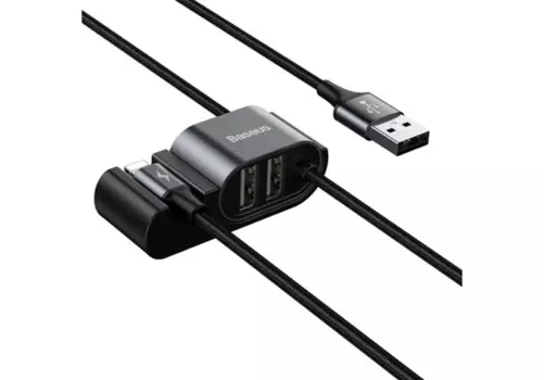 Кабель-переходник (адаптер) USB 2.0(Am)-2xUSB 2.0A(f)+Lightning 8-pin(m) быстрая зарядка, 1.5м, черный Baseus (CALHZ-01)