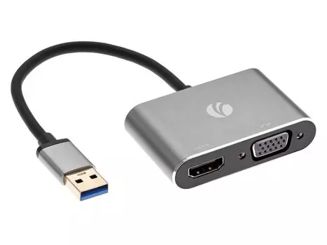 Кабель-переходник (адаптер) USB 3.0 (Am)-HDMI(19F)+VGA(15F), 15 см, черный VCOM (CU322M)