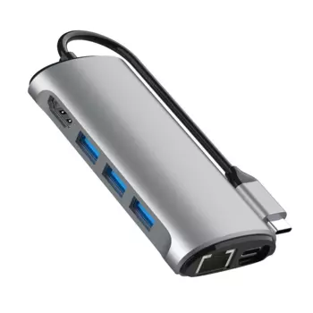 Кабель-переходник (адаптер) USB 3.1 Type-C(m)-HDMI 2.0 (F) 4K@60Hz/ RJ-45 (F) интернет/ 3 х USB 3.0 (F)/ PD 3.0 (F) зарядка/ SD и TF карты памяти, 15см, серый металлик VCOM (CU463)