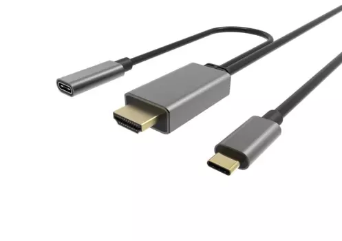 Кабель-переходник (адаптер) USB 3.1 Type-C(m)-HDMI 2.0(m)+PD 3.0(f), 3A, 1.8м, серый VCOM (CU423MCPD-1.8M)