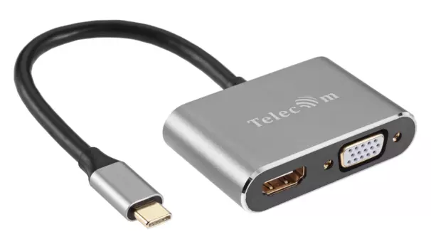 Кабель-переходник (адаптер) USB 3.1 Type-C(m)-HDMI (F)/ VGA(F) , позолоченные разъемы, 20см, серый Telecom (TUC050)