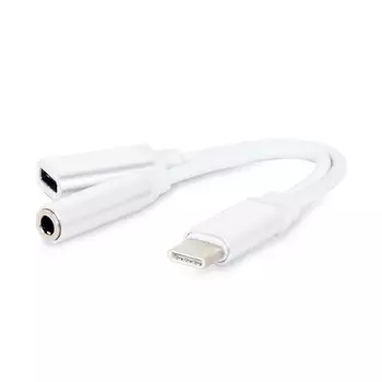 Кабель-переходник (адаптер) USB 2.0 Type-C(m)-USB Type-C(f)+Jack 3.5mm(f), 15см, белый/серебристый Cablexpert (CCA-UC3.5F-02-W)