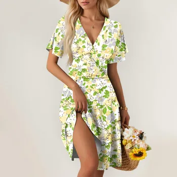 Women s Summer Dress Loose Beach Vacation Casual Deep V Neck Dress Short Sleeve Elegant Shirt Dress L темно-зеленого