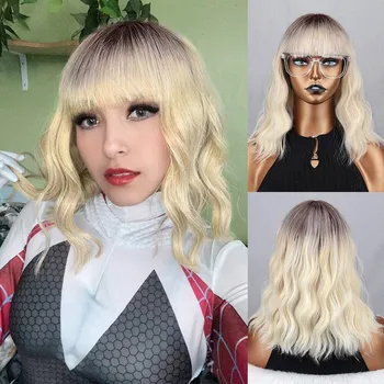MISS WIG, женский короткий модный светло-голубой цвет, волнистый парик с челкой, синтетическое волокно, длина до плеч, парик с натуральной волной воды, косплей 30 cm