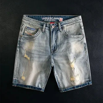 Джинсовые шорты мужские стрейчевые, модные дизайнерские брюки Slim Fit в стиле ретро, с потертостями, винтажные Рваные джинсовые шорты с принтом, лето