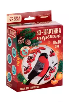 Объемная живопись шерстью Школа талантов на пяльцах «Снегирь на рябине», 10х10 см